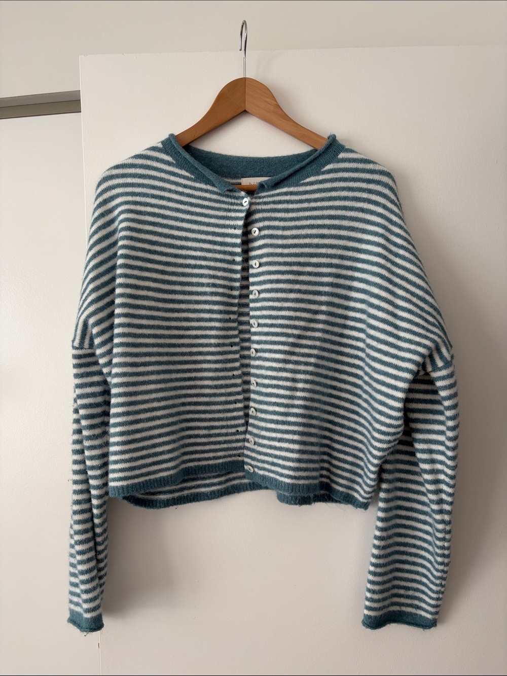 bohme Striped Cropped Button Cardigan in Teal and Cream